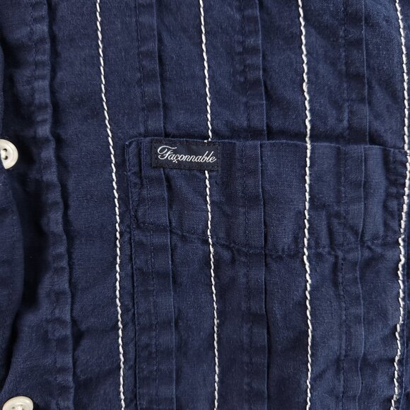 Faconnable Striped Small Linen Blue Shirt Mens Button Up Long Sleeve Pocket - Picture 3 of 14
